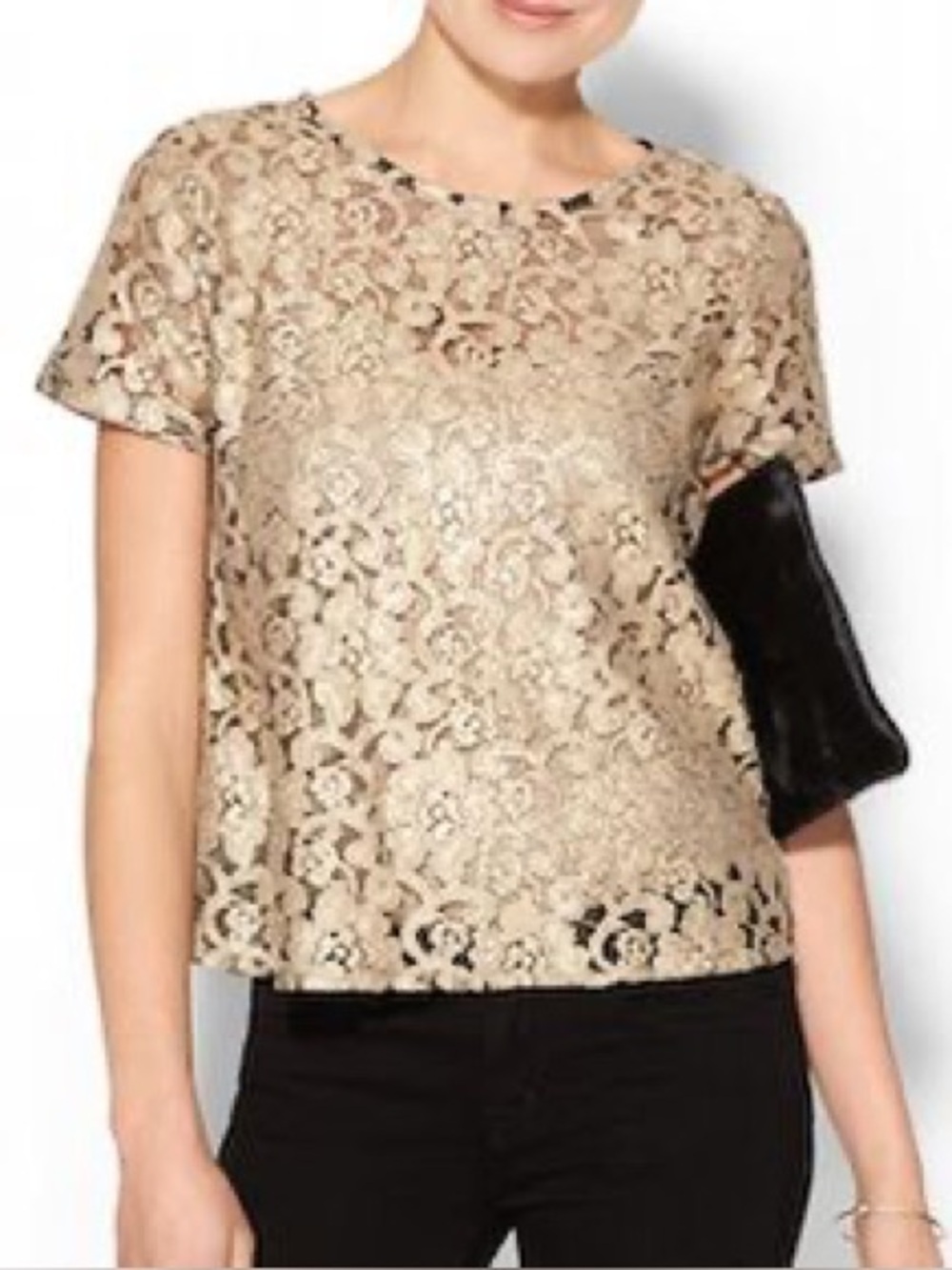Ann Taylor Metallic Gold Floral Lace Short-Sleeve Blouse